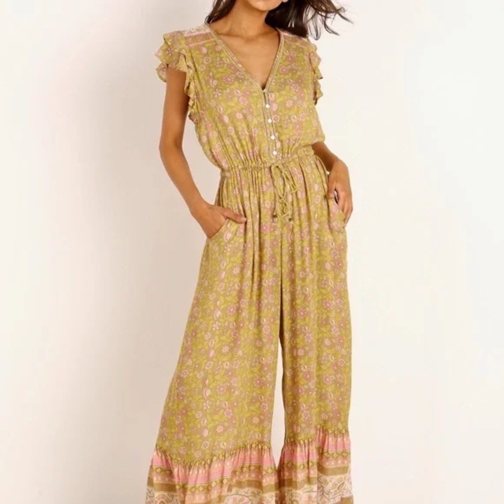 Spell Olive Green & Pink Floral Wide-Leg Jumpsuit